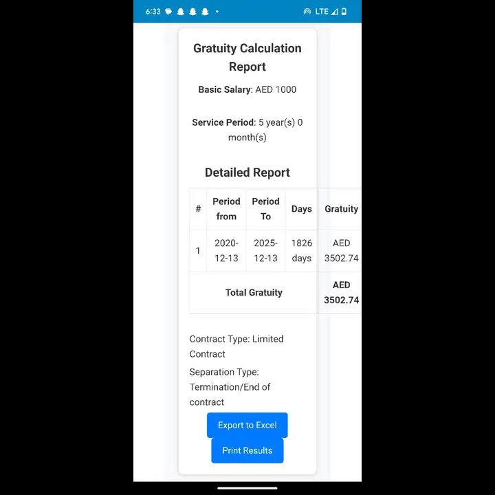 Gratuity Calculator UAE App - Screenshots -main screen showing salary input and service period fields, and options to download results in excel or take prints.